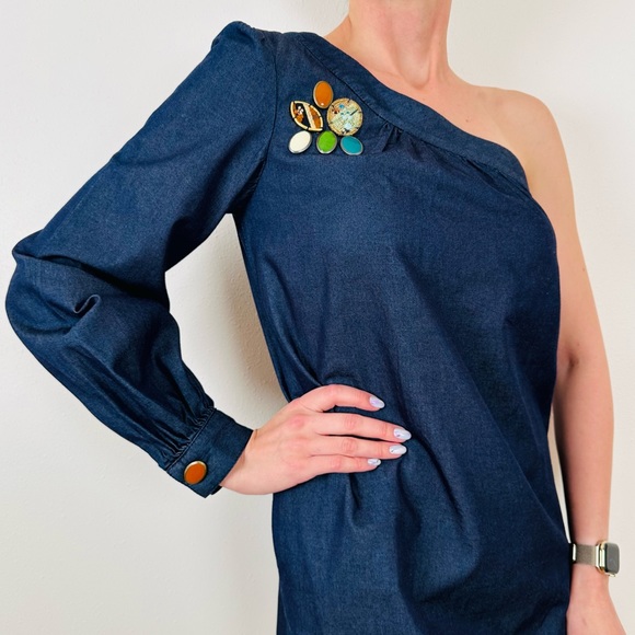 7 For All Mankind one shoulder denim stone embellished mini dress - Picture 5 of 9